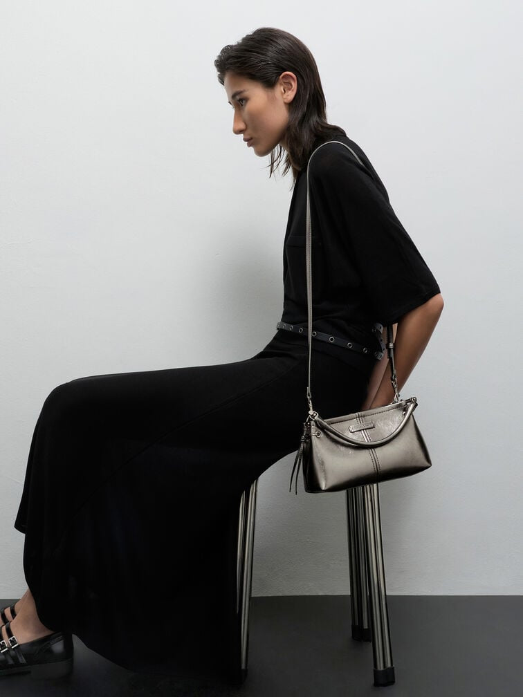 Noane Metallic Top Handle Bag - Pewter