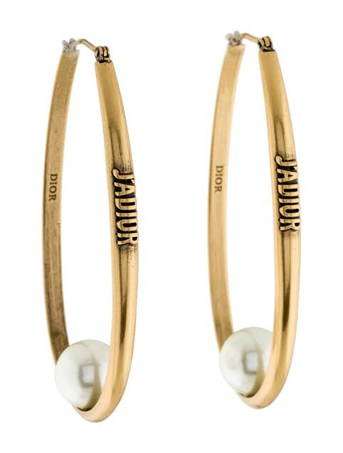 Dior Antique Gold Tone Faux Pearl J'Adior Hoop Earrings