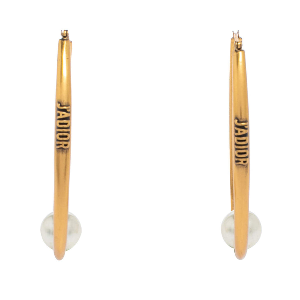 Dior Antique Gold Tone Faux Pearl J'Adior Hoop Earrings