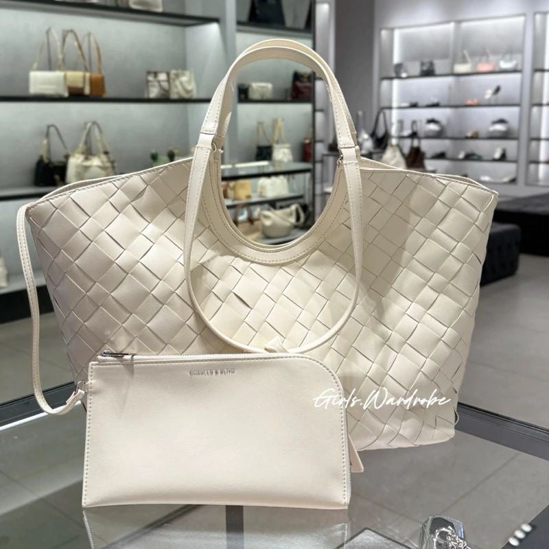 CHARLES & KEITH 
Ivette Woven Tote Bag - Ivory