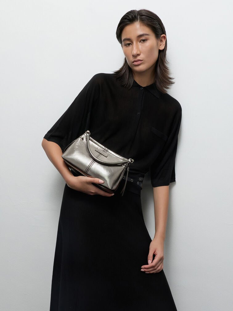 Noane Metallic Top Handle Bag - Pewter